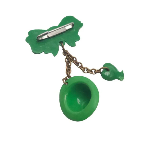 St. Patrick's Day Green Shamrock Leprechaun Hat Bow Brooch Pin VTG - Picture 4 of 5